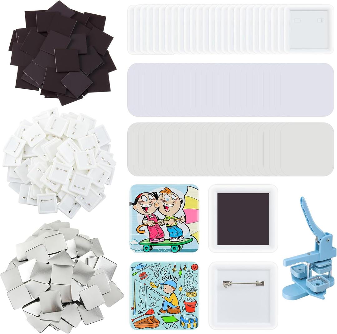 100 Sets 50mm/1.97 Inch Square Button Parts, Include 50 Fridge Magnet Maker Supplies and 50 Pin Making Supplies for Square-Shaped Button Maker Machine, DIY Gift Crafts