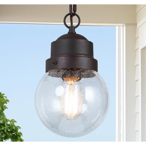Outdoor Pendant Light Fixture, Farmhouse Exterior Globe Anti-Rust Hanging Lights with Adjustable Chain, Bronze Ceiling Outdoor Lantern Light with Seeded Glass for Front Door, Entry, Porch, and Gazebo