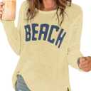 COZYEASE Women's Beach Cover Up Letter Print Long Sleeve Sweater Crew Neck Split Hem Crochet Jumper Top (X-Large, Yellow)