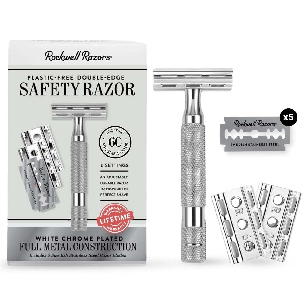 ROCKWELL RAZORS 6C White Chrome Safety Razor for Sensitive Skin. Reduces Razor Burn and Irritation. Comes with 6 Adjustable Shave Settings and 5 Recyclable Blades. Reusable Razor for Men and Women ROCKWELL RAZORS 6C White Chrome Safety Razor for Sensitive Skin. Reduces Razor Burn and Irritation. Comes with 6 Adjustable Shave Settings and 5 Recyclable Blades. Reusable Razor for Men and Women