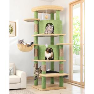 Globlazer Cactus Corner Cat Tree Tower for Large Cat, 66inch Tall Large Cat Tree Condo for Multiple Indoor Cats with 6 Scratching Posts, 2 Spacious Cat Condos, Soft Hammock, Hanging Basket, C66, Green