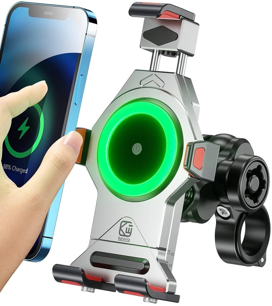 BRCOVAN Motorcycle Phone Mount with 15W Qi Wireless Charger & Vibration Dampener, Metal, Anti-Theft, Anti-Shake, Adjustable Motorcycle Handlebar Cellphone Holder Fit 4.7''-7.2'' Smartphones