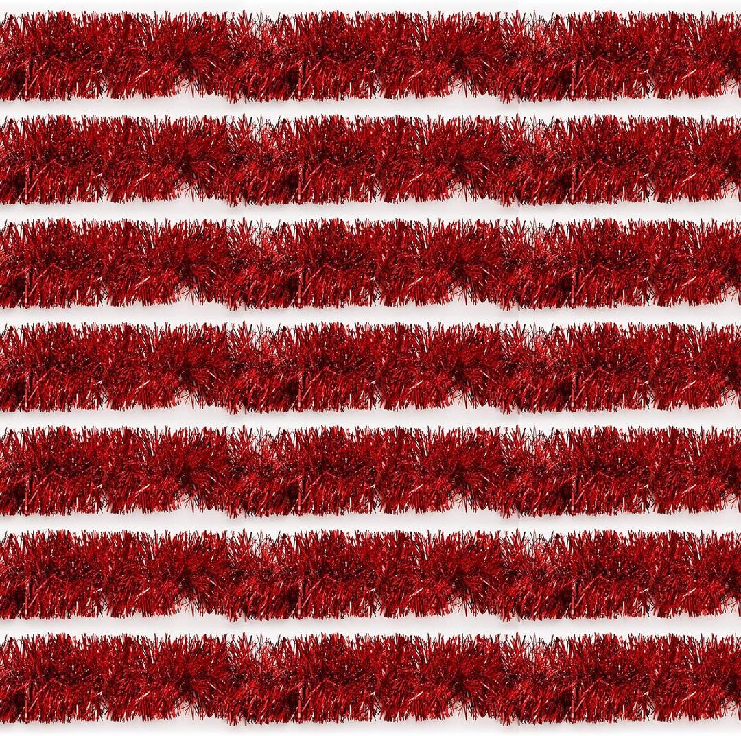 100 Feet Red Tinsel Garland Christmas Foil Tinsel Garland Decoration Metallic Banner Wall Hanging Streamers for Christmas Tree Birthday Party Decorations (3.54" x 100', Red)