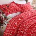 JSD Red Christmas Duvet Cover Set Queen Size, 3 Piece Snowflakes Reindeer Snowflakes Printed Microfiber Comforter Cover with Pillow Sham