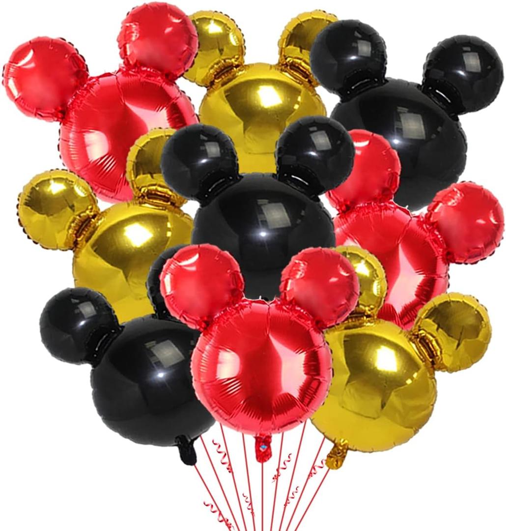 9-Pack Mouse Party Foil Balloons, 27 Black, Red, Yellow Balloons for Cartoon Mouse Party, Baby Shower, Kids Birthday Theme Party Decoration Supplies