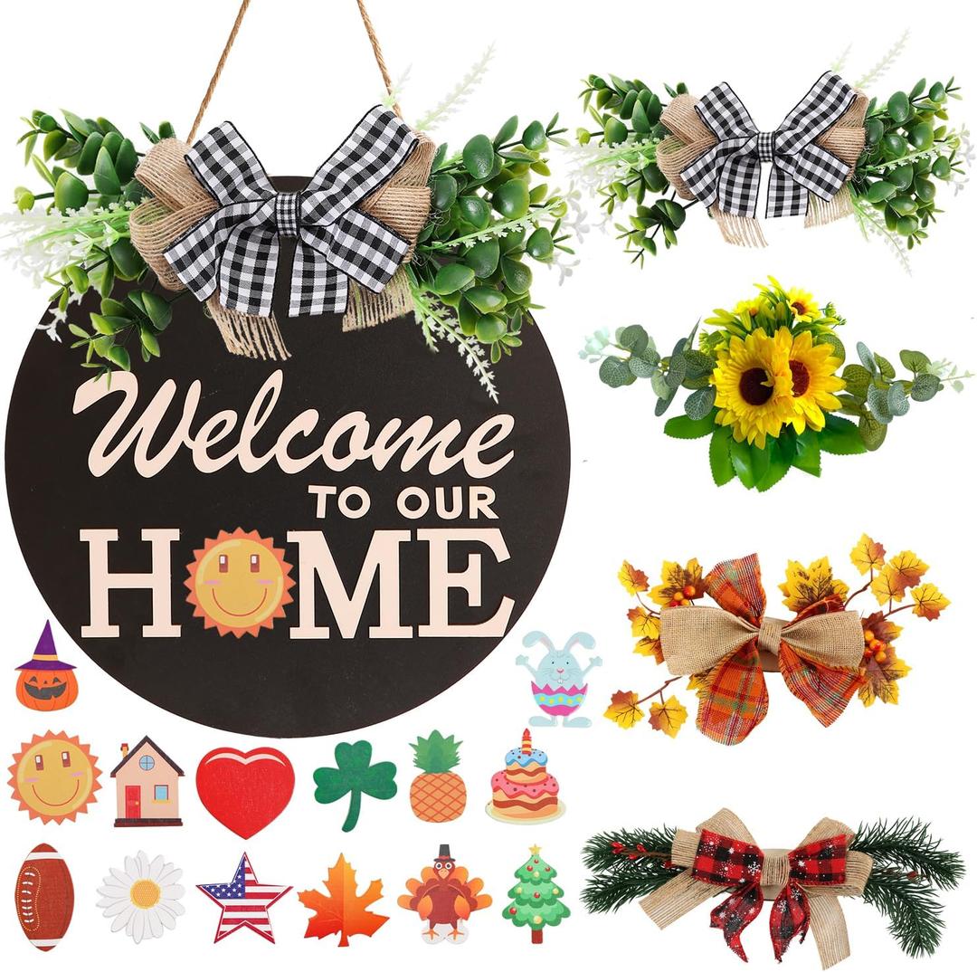 Interchangeable Welcome Sign for Front Door Decoration with 4 Seasonal Wreaths and 14 Holiday Icons, Black Welcome Door Hanger, Rustic Wooden Front Porch Sign Home dcorBlack