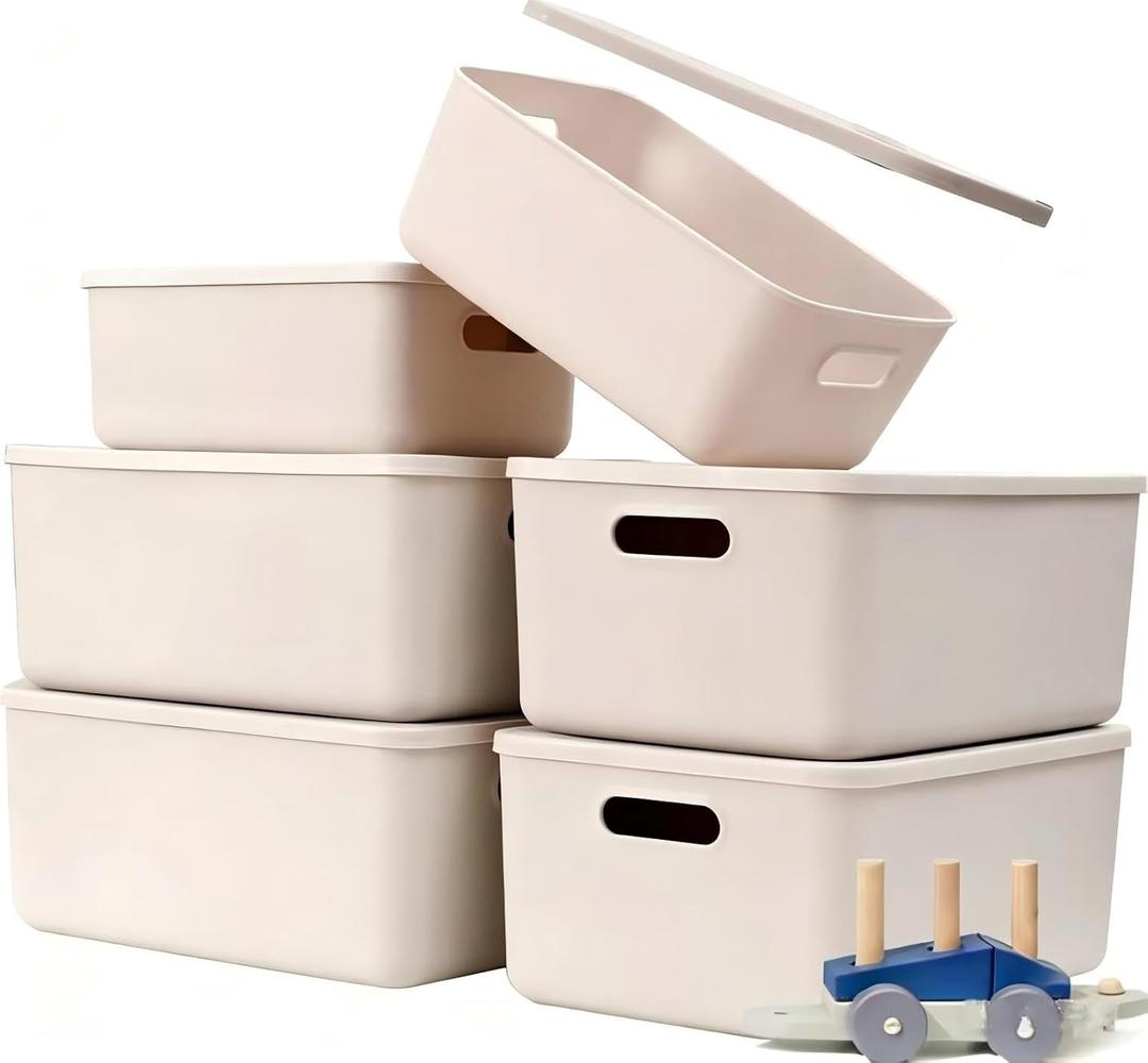 Ytteve 6 Pack Light Grey Stackable Plastic Storage Bins with Lids & Handles, Durable - 4 Large (14.4"x10.2"x6.3") & 2 Medium (11.8"x8"x4.7"), Multi-size for Closet, Shelves, Drawers, Home & Office
