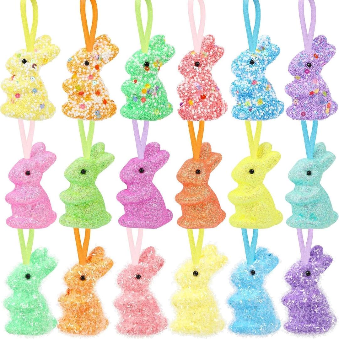 JULMELON 18Pcs Easter Hanging Rabbit Ornaments, 3 Styles Glitter Colorful Small Easter Bunny for Hanging Foam Bunny Ornaments for Easter Tree Spring Party Supplies Home DIY Decoration