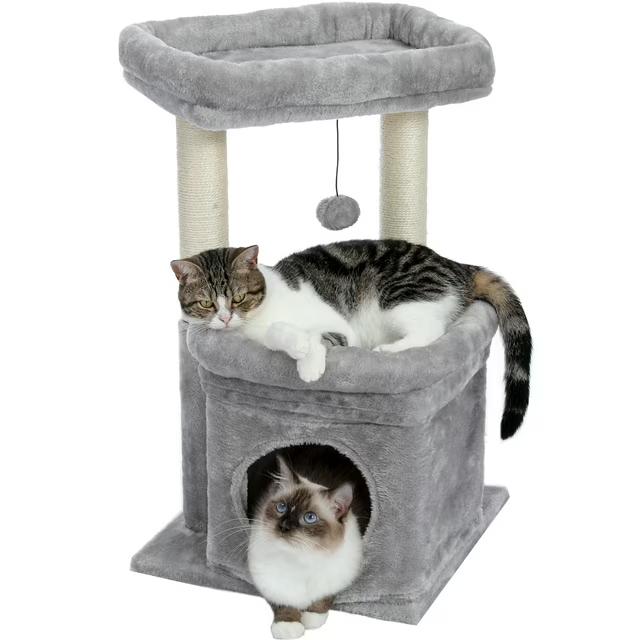 PAWZ Road Cat Tree, Multi-Level Cat Tower with Sisal-Covered Scratching Post, Cozy Cat Condo Soft Cat Perch and Plush Pompom for Indoor Cats, Grey