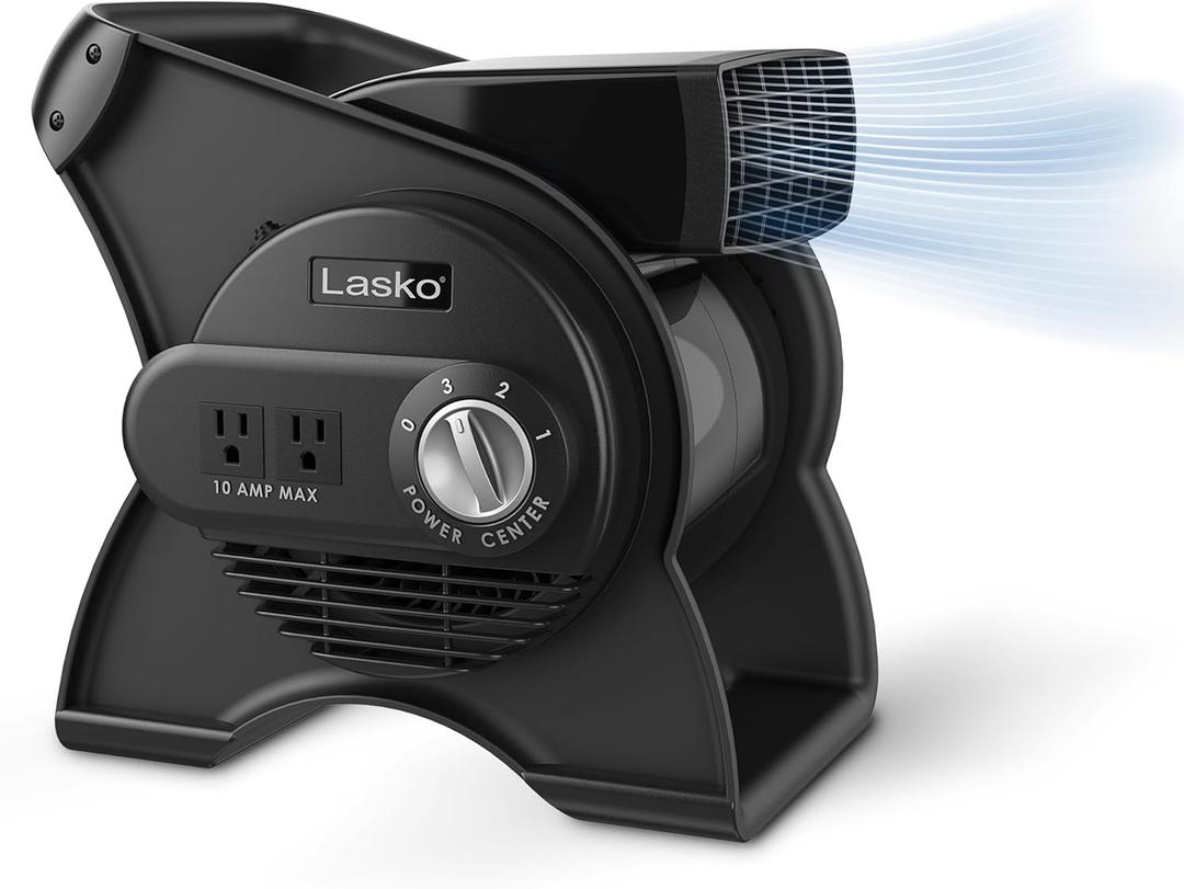 Lasko 12 Utility Fan for Job Site or Home Use, 289 CFM, Pivoting High Velocity Blower Fans, 3 Speeds, 2 Accessory Outlets 120V, Black, U12104