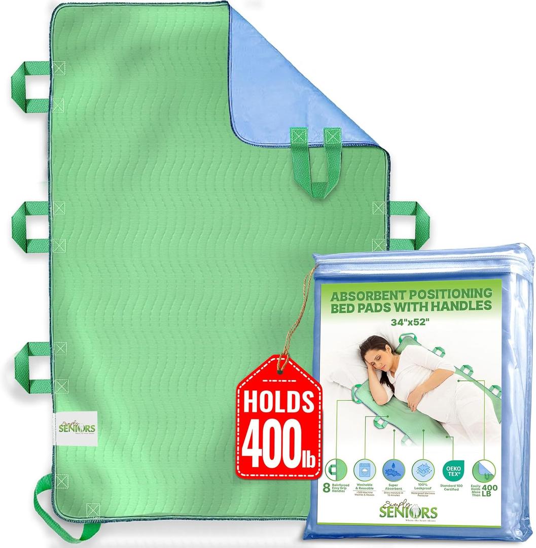 Absorbent Positioning Bed Pad with Handles 34" X 52"- Washable, Waterproof Incontinence Bed Pads - Reusable Bed Mobility Under Pads to Aid Seniors, Disabled & Bedridden Patients - Fast-Drying (34x52 - 8 Handles)