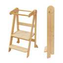 Foldable Toddler Tower Preassembled Kitchen Stool, Folding Tower for Learning with 3 Adjustable Heights Montessori Toddler Standing Tower Collapsible Step Stool for Kids 1.5-6y Natural