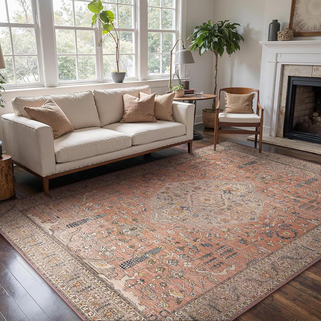 GENIMO Washable Area Rug 8x10, Boho Vintage Rugs for Living Room with Non-Slip Backing, Ultra-Thin Low Pile Soft Superfine Yarn Carpets for Bedroom, Dining Room, Nursery, Terracotta