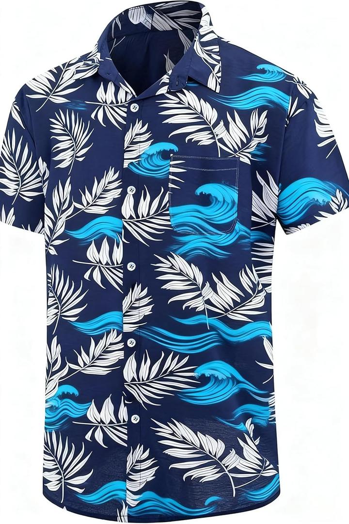 Big and Tall Men's Hawaiian Shirts - Short Sleeve Tropical Floral Button Down, Casual Summer Beach Wear (Ocean Palm Breeze) 3XL