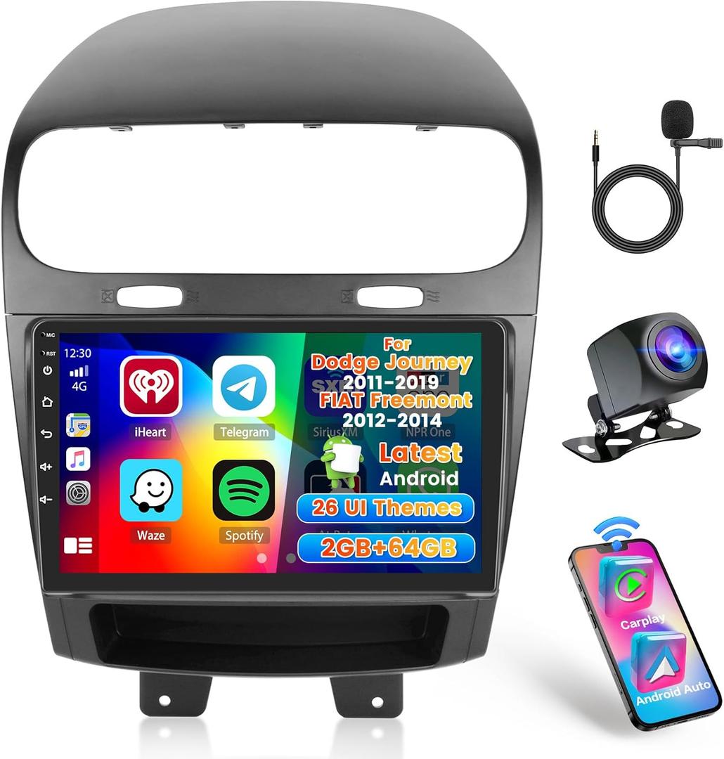 Car Radio Stereo for Dodge Journey 2011-2019/FIAT Freemont 2012-2014 Built in Carplay/Android Auto, 9 inch IPS Touch Screen Head Unit Radio with DSP BT GPS FM RDS WiFi 2G RAM 64G ROM