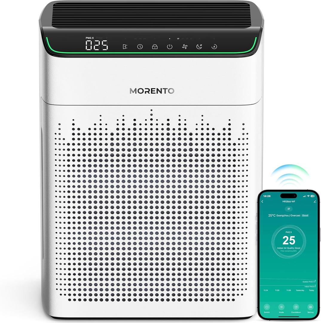 MORENTO Air Purifiers for Home Large Room Up to 1290 ft with PM 2.5 Air Quality Monitor, Wi-Fi and Alexa compatible, HEPA Auto Mode Double-sided Air Inlet for Smoke and Odor, 23db, MR5866, White (White)