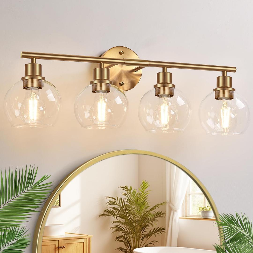 4-Light Bathroom Light Fixtures,Gold Modern Vanity Lights Over Mirror with Clear Glass Globe Shade, Bathroom Wall Sconces for Mirror Kitchen Living Room Hallway Cabinet Bedroom Porch