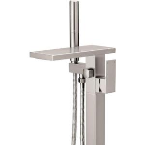 Hoimpro Floor Mount Bathtub Faucet Freestanding Waterfall Tub Filler, Brushed Nickel Single Handle High Flow Shower Faucets Mixer Bathroom Tub Faucets with 2 Function Hand Shower Wand