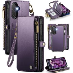 Defencase for Galaxy A17 5G Magnetic Wallet Case with RFID Blocking Zipper Card Holder for Women and Men, PU Leather Strap Detachable Protective Case for Samsung Galaxy A17 5G 6.7", Purple