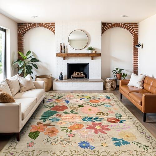 YOUFORTONG Washable Rug 9x12 Area Rugs: Soft Ultra Thin Low Pile Mat Machine Washable Indoor Doormat Lightweight Entry Rug Anti Slip Backing Rugs for Living Room Bedroom Kitchen 9'x12' Beige Floral