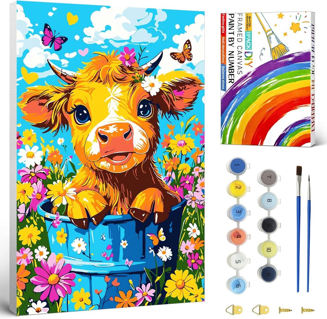 2 x Yunnuo Highland Cow Paint by Numbers Kit for Adults with Frame,Flowers Painting by Numbers for Beginners in Colorful Box,8W x 12L Canvas Small Paint by Number Kits for Home Wall Decor
