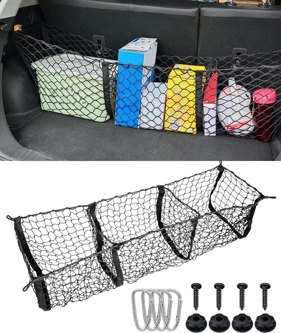 Cargo Net,Cargo Net for SUV,Truck Bed Organizer,Car Accessories Automotive Cargo Nets,3 Pocket Truck Bed Cargo Net,Truck Net Truck Storage,Mesh Storage Net for SUV, Car, Pickup Truck Bed, Etc, 43.3 Inches X 11.8 Inches