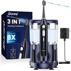 Electric Toothbrush with Water Flosser Combo: 3 in 1 Rechargeable Flossing Toothbrush for Adults, 3 Brush Modes & 5 Water Pressure, Portable&Whitening Dental Care, 500ML Cordless Brush Cleaning Kit (Deep Blue)