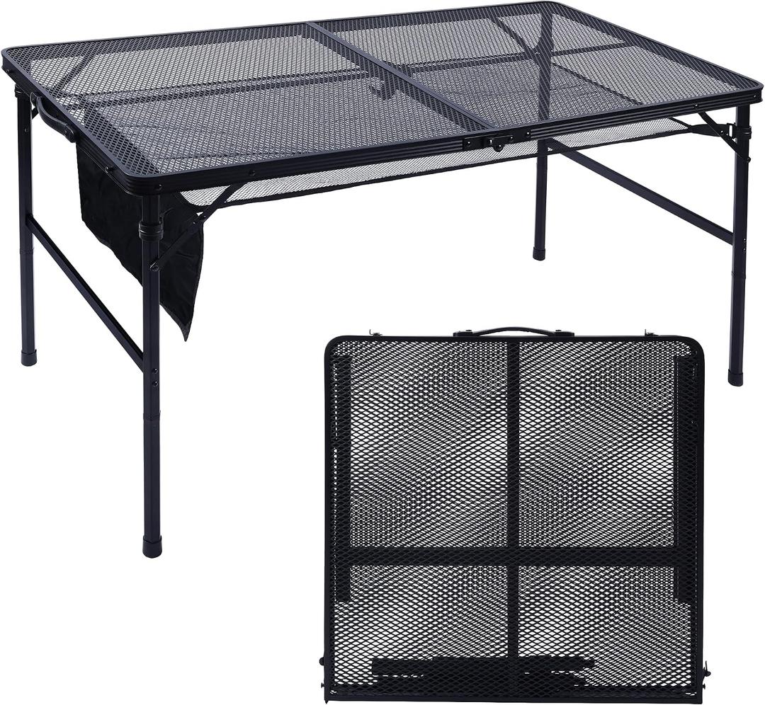 JOUYEK Folding Grill Table, 4x2 FT Portable Camping Table, Lightweight Height Adjustable Metal Tables with Mesh Desktop and Mesh Bag, Outdoor Tables for Camping, Picnic, Beach and BBQ, Black