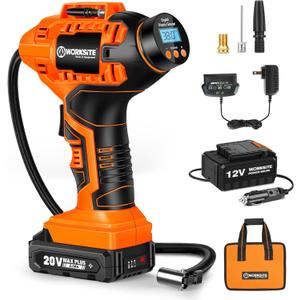 WORKSITE Cordless Tire Inflator Air Compressor, Battery Powered Car Tire Pump, Portable Handheld Air Pump with 12V Car Power Adapter Digital Pressure Gauge for Cars Motorcycles, Orange