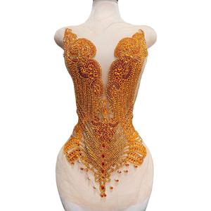 100% Handmade Rhinestones Applique on White net sew on Beads Crystal Patches Accessory for Dress Clothes (Gold Stone Brown net)