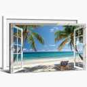 Bathroom Canvas Beach Wall Art Picture for Bathroom, Window Frame Style Canvas Tropical Wall Decor Ocean Palm Tree Prints, Blue Sea and White Sand Painting on Canvas for Bedroom Office Decor 24"x36"
