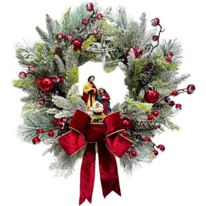 22 Inch Pre-Lit Artificial Christmas Wreath with Jesus Figurine Nativity Scene Glitter Ball Ornaments Snow Flocked Cedar Branches Pine Needles Berries and Timer for Christmas Decor Front Door Mantel