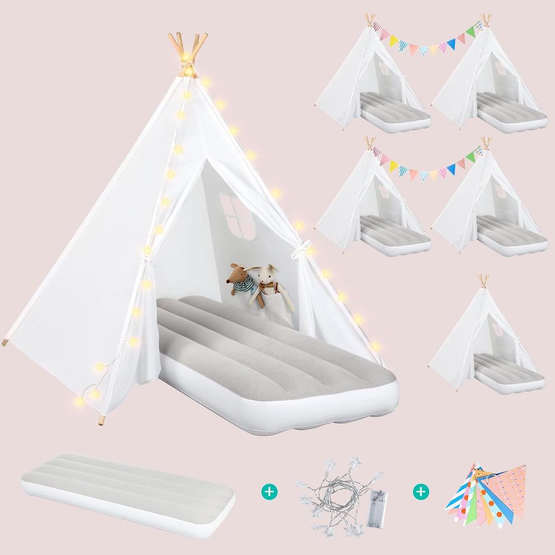 wilwolfer 6 Pack Kids Teepee Tent Bulk with Light and Inflatable Airbed, Natural Cotton Toddler Play Tent for Girls Boys Indoor Outdoor Sleepover Slumber Party Birthday Gifts