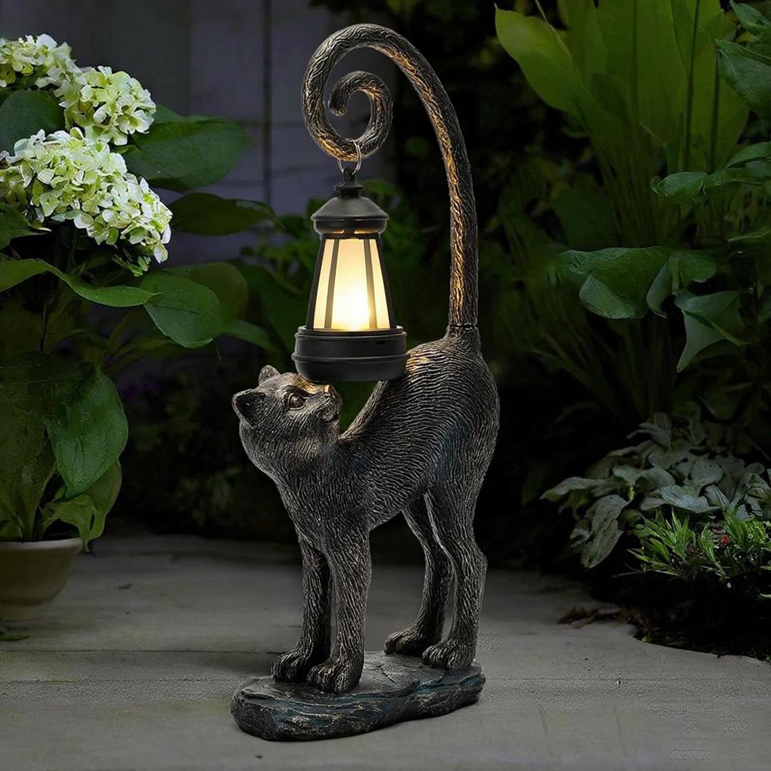 Solar Cat Garden Decor Outdoor Statue - Cat with LED Waterproof Sculptures Lights, Cute Pond/Yard Statues Outside Decoration, Home, Lawn, Patio, Resin Animal Ornament, Women/Gardening Gift