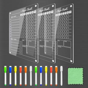 PigPotParty 3 Pack Acrylic Magnetic Kids Chore Chart for Multiple Kids & Family on Fridge  9.5"x12" Weekly Dry Erase Chore Board with 12 Fine Point Colorful Markers & 1 Towel