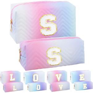 2-Pack Quilted Makeup Bag Set – Cute Cosmetic Pouch for Travel, Toiletries, Purse & Organizer – Large Small Zipper Makeup Bags, Personalized Initial Gift for Women, Teens, Girls, Pink S