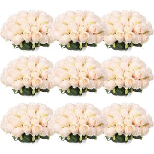Jexine 100 Pieces Artificial Roses Flowers Bulk, Long Stem Realistic Fake Silk Roses Bouquet for Table Centerpiece Vases Wedding Party Kitchen Decor(Beige)