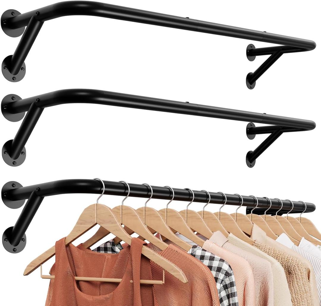 Pipe Clothing Rack - 37.5" Clothing Racks for Hanging Clothes with Dual Flange Base, Multifunctional Wall Mounted Clothes Rack for Bedroom, Entryway, Balcony, Black, 3-Pack (10.2" x 6.7" x 37.5")