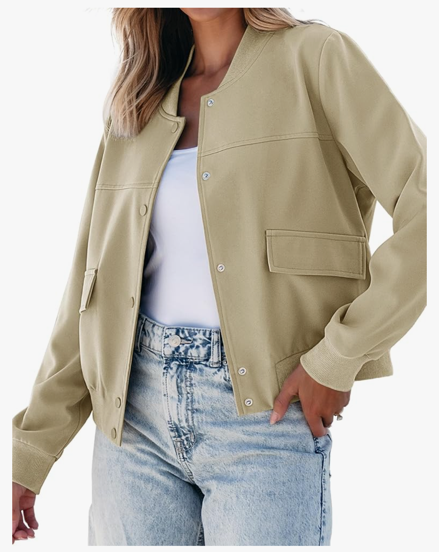luvamia Bomber Jackets for Women Fall Casual Button Down Long Sleeves Trendy Varsity Jacket Outerwear Coat with Pockets,M