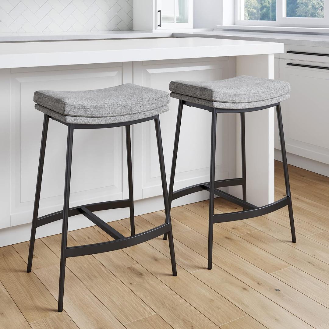 Arlo Modern Backless Upholstered Kitchen Counter Bar Stool with Double-Layered Saddle Seat and Black Metal Base, Grey/Matte Black, Set of 2