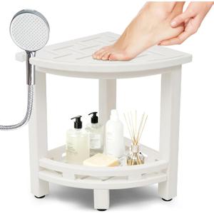 KALUMOON Corner Shower Stool, HDPE Waterproof Shower Bench for Inside Shower, Small Shower Chair Seat for Shaving Legs with Storage Shelf, Shower Head Holder, Adjustable Feet (White)