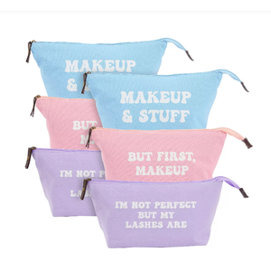 6 Pack Small Cosmetic Canvas Makeup Bags for Women with Zipper, 3 Colors and Designs (8 x 4 x 6 In)