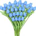30 PCS Artificial Tulips Real Touch Tulips 13.5inch Long Stem Fake Flowers Silk Flowers for Spring Easter Mother's Day DecorationsLight Blue