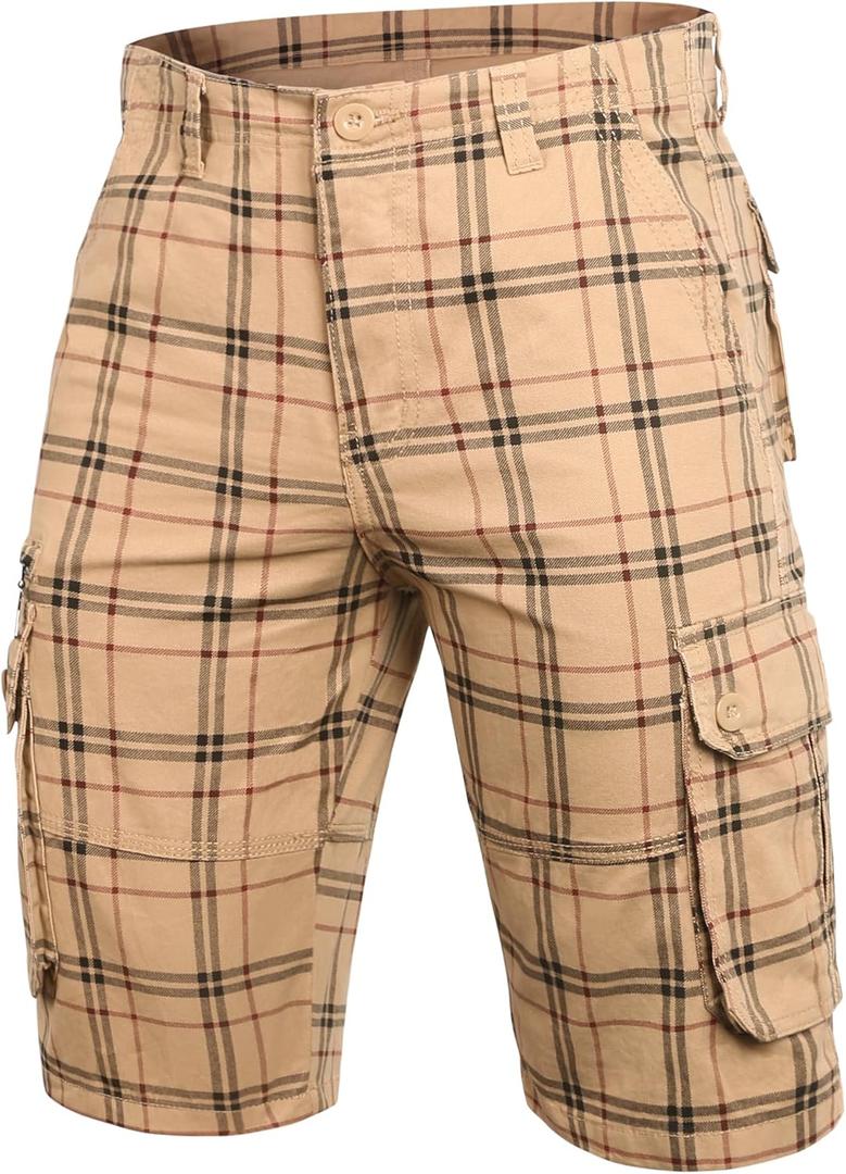 zeetoo Camo Shorts for Men Classic Relaxed Fit Cargo Short Multi-Pocket Outdoor Shorts (34, Plaid Khaki)