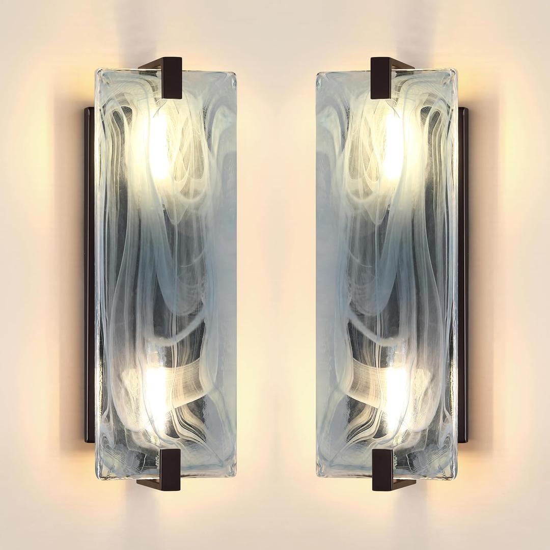 2 Pack 2 Light 15.7" Blue Frosted Glass Bathroom Wall Sconce Modern Concise Style Wall Light Fixture,Black Finish for Bedroom Hallway Bedside