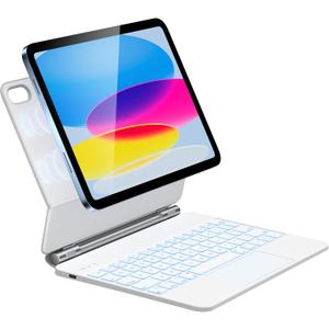 HOU Keyboard Case for iPad A16 11/10, Magnetic Magic-Stand, Floating Design, Durable Spindles, Multi-Touch Trackpad, 7 Colors Backlit, Stain Resistant PU, Bluetooth (White)