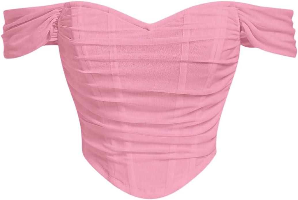 Floerns Women's Off Shoulder Short Sleeve Asymmetrical Hem Ruched Corset Crop Top