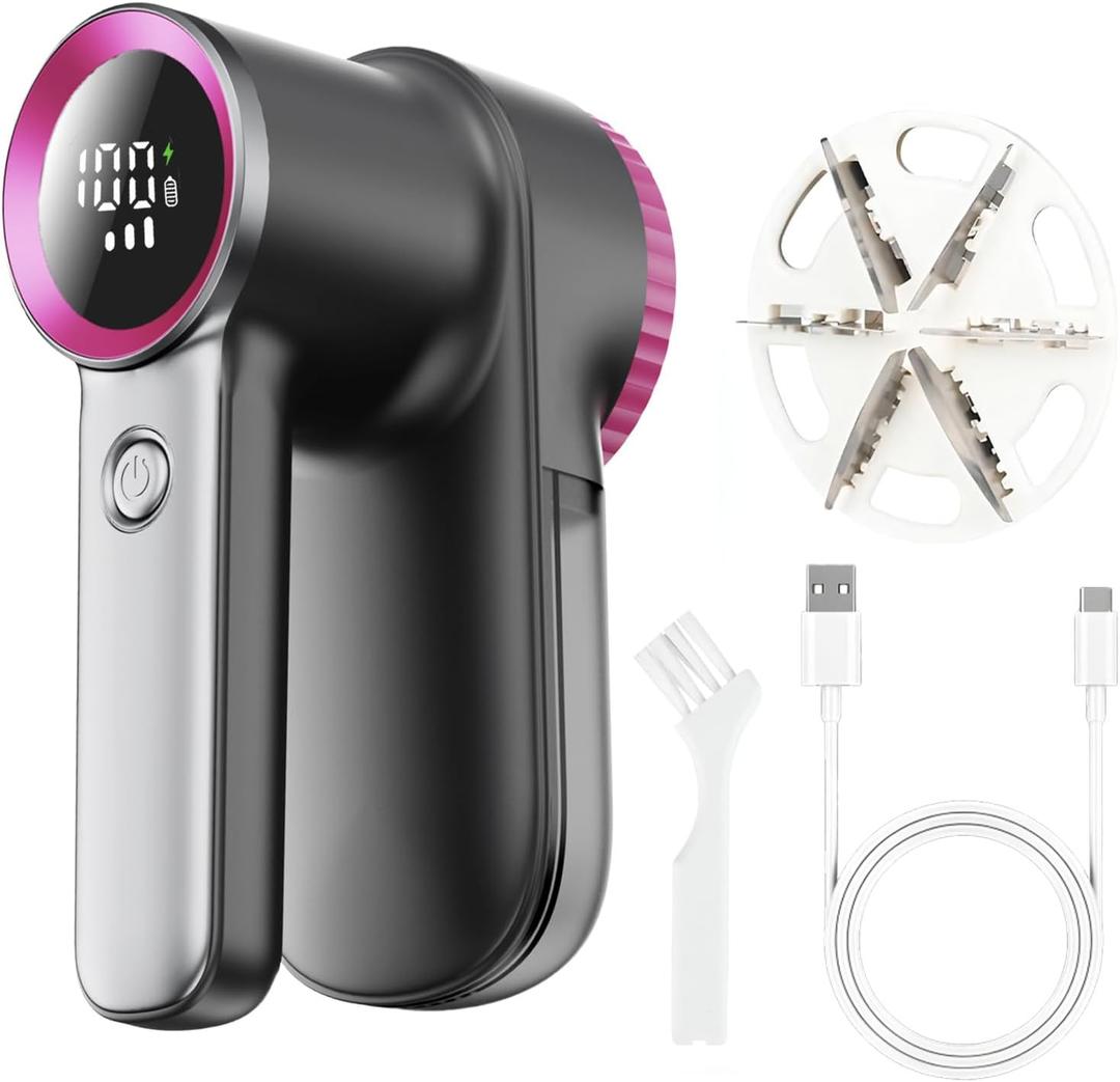 Rechargeable Fabric Shaver & Lint Remover, Electric Sweater Defuzzer with 3 Speeds, 6 Leaf Blades, LED Display & Type-C Fast Charging, Lint Shaver for Clothes, Furniture, Sweater, Couch