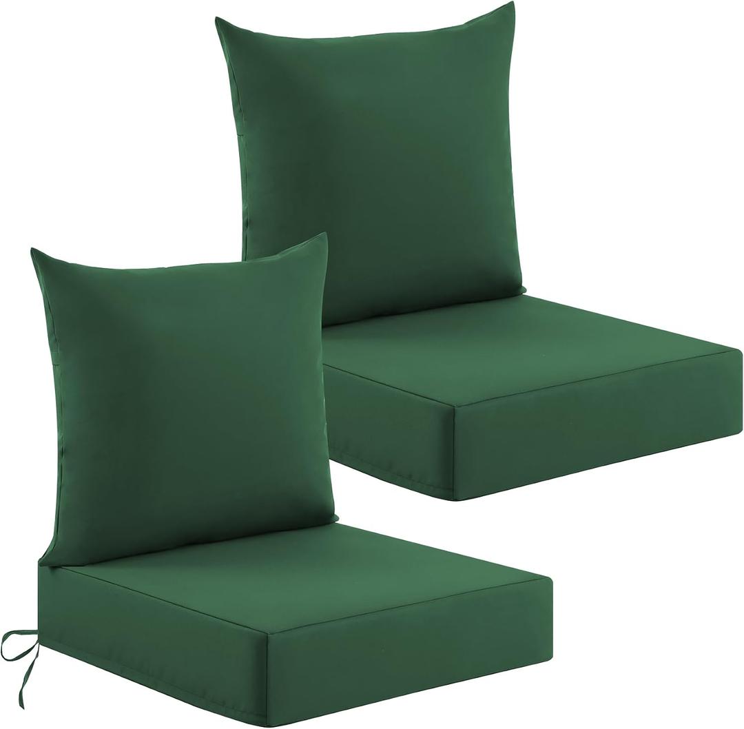 Deep Seat Patio Cushions Set of 2, 24x24x5.75 Inch, Waterproof Outdoor Chair Cushions, Fade Resistant Patio Furniture Cushions with Ties for Couch, Sofa, Lawn, Outside, Forest Green, 24*24+5.75/25*22.5 inch