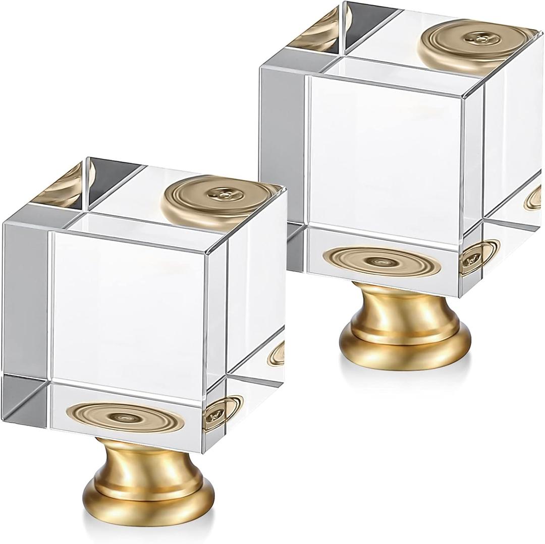 2 Pieces Cube Crystal Lamp Finial Clear Square Lamp Finial Cap Knob Top Knob with Chromed Base for Shade Decoration, 1-4/5 Inches Tall(Clear, Gold)